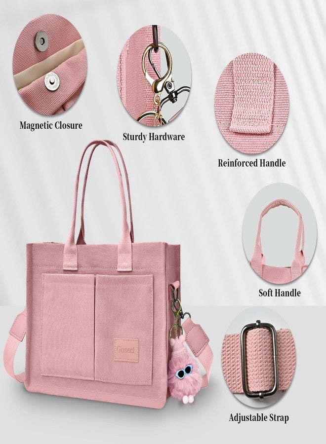 Gosect Canvas Tote Bag for Women With Pockets,Large Work Tote Bags Womens, Laptop Crossbody Purses Everything Everyday Bag Handbags lunch bag for Travel Work (Pink) - Image 5